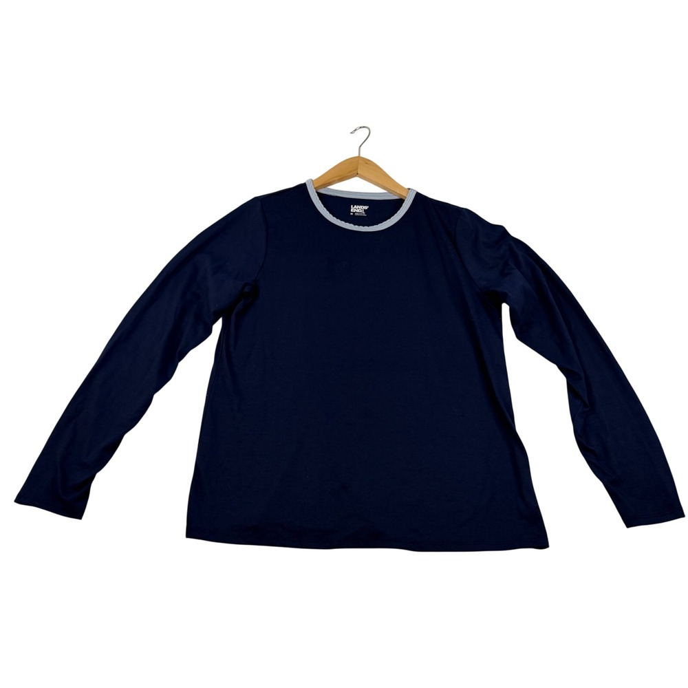 Lands End Mens Navy Blue Long Sleeve Crew Neck Contrast Trim Tee Shirt Size M
